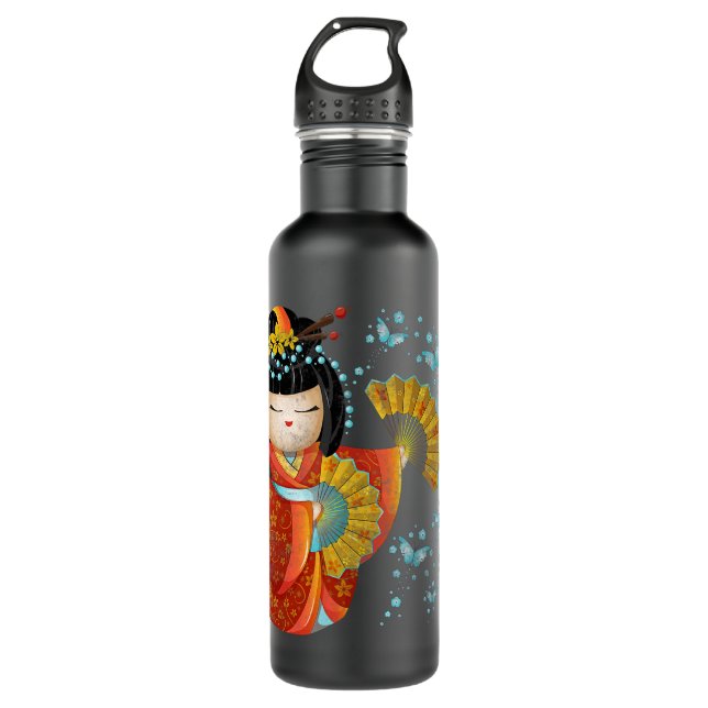 Kawaii Japanese Kokeshi Doll Kimono Geisha Butterf 710 Ml Water Bottle (Front)