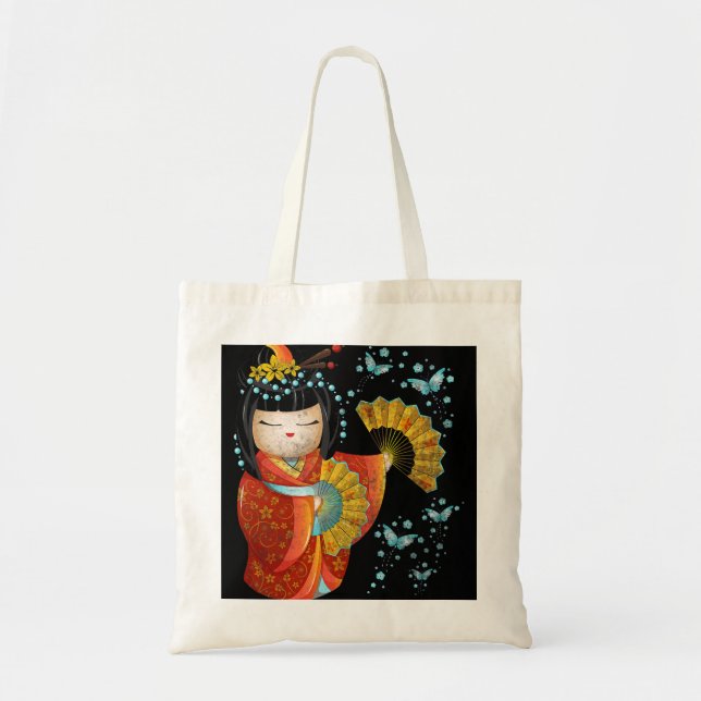 Kawaii Japanese Kokeshi Doll Kimono Geisha Butterf Tote Bag (Front)
