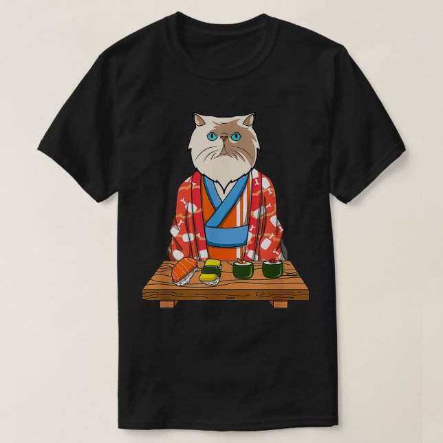 Kawaii Japanese Persian Cat Kimono Sushi  T-Shirt (Design Front)