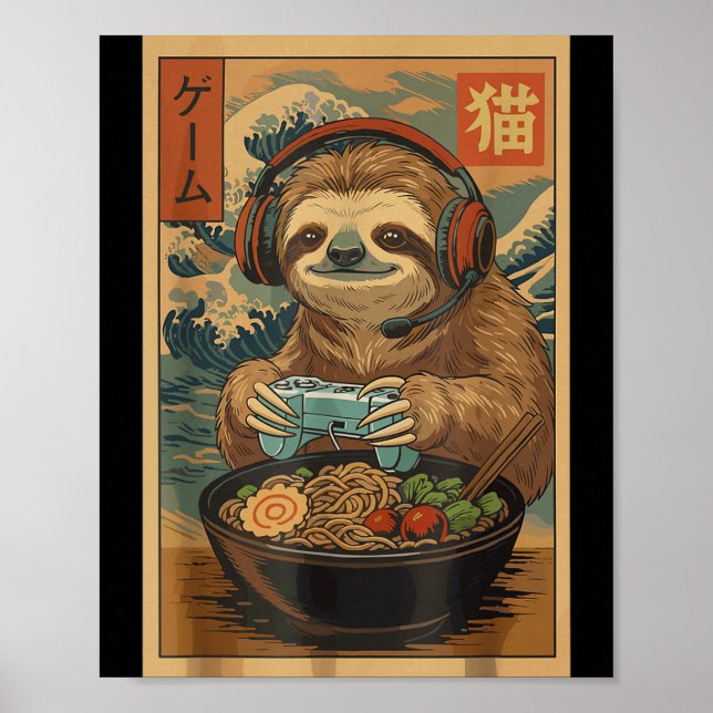 Kawaii Japanese Ramen Sloth Retro Gaming Shirts Fo Poster (Front)