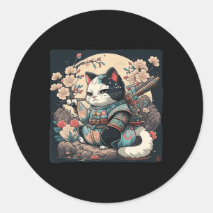 Kawaii Japanese Style Samurai Cat Kitten Anime  Classic Round Sticker