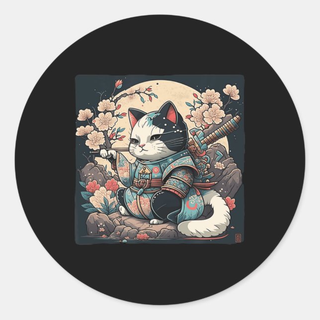 Kawaii Japanese Style Samurai Cat Kitten Anime  Classic Round Sticker (Front)