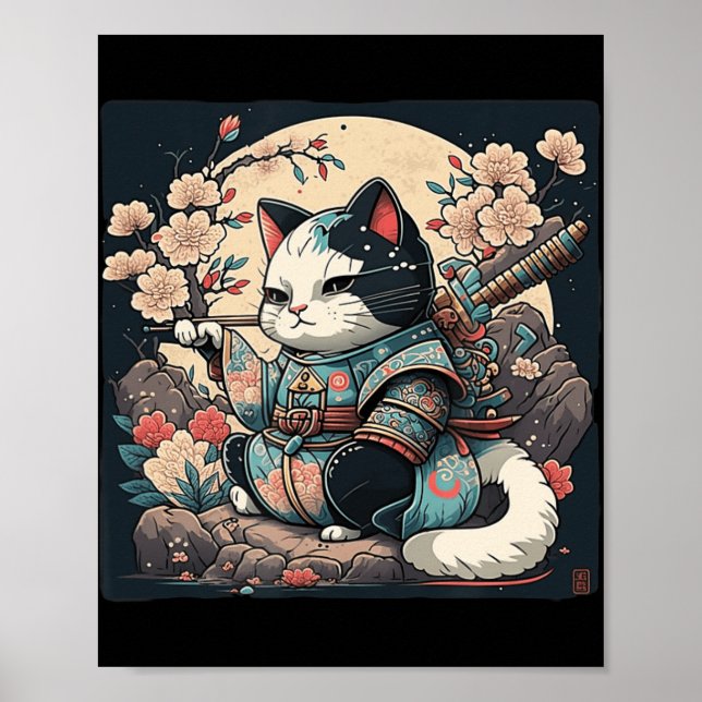 Kawaii Japanese Style Samurai Cat Kitten Anime  Poster (Front)