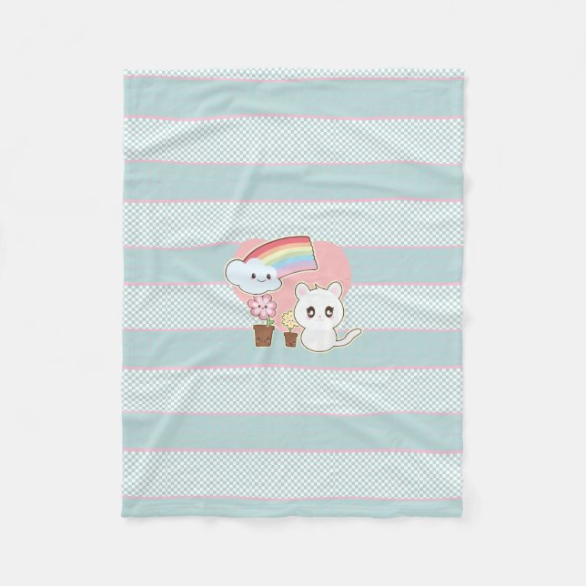 Kawaii kitten and rainbow so cute fleece blanket (Front)