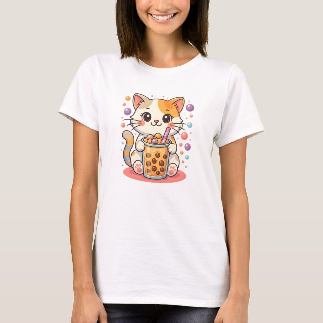 Kawaii Kitten Bubble Tea – Cute Calico Cat Boba  T-Shirt (Front)