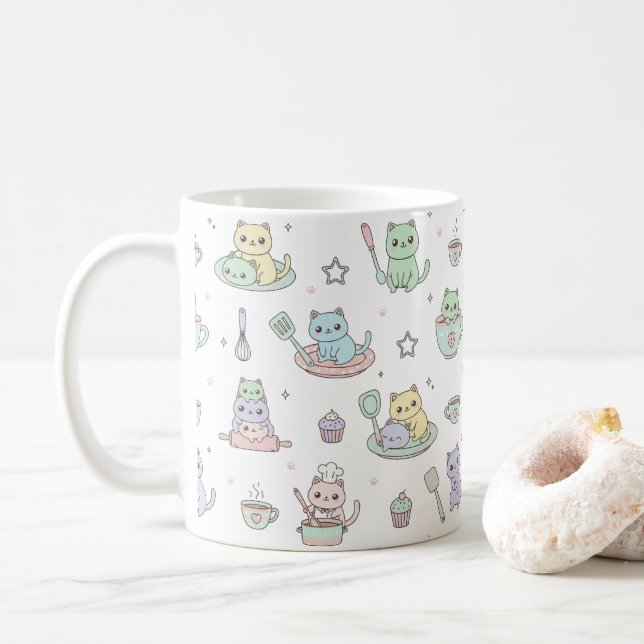Kawaii Kittens Baking Pattern Coffee Mug (With Donut)