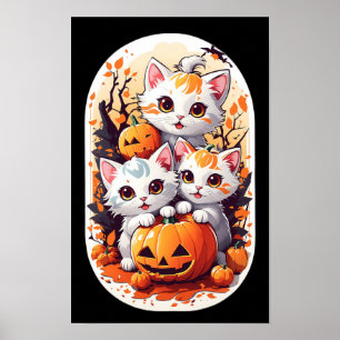 Kawaii Kittens playing with a small pumpkin Poster