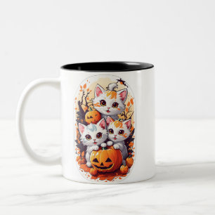 Kawaii Kittens playing with a small pumpkin Two-Tone Coffee Mug