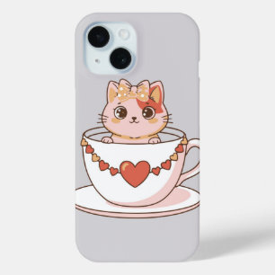 Kawaii Kitty in a Teacup iPhone 15 Case