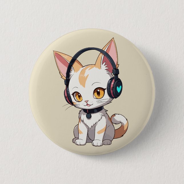 Kawaii Kitty in Rocking Headphones 6 Cm Round Badge (Front)
