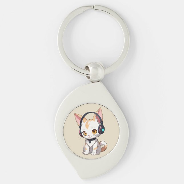 Kawaii Kitty in Rocking Headphones Key Ring (Front)