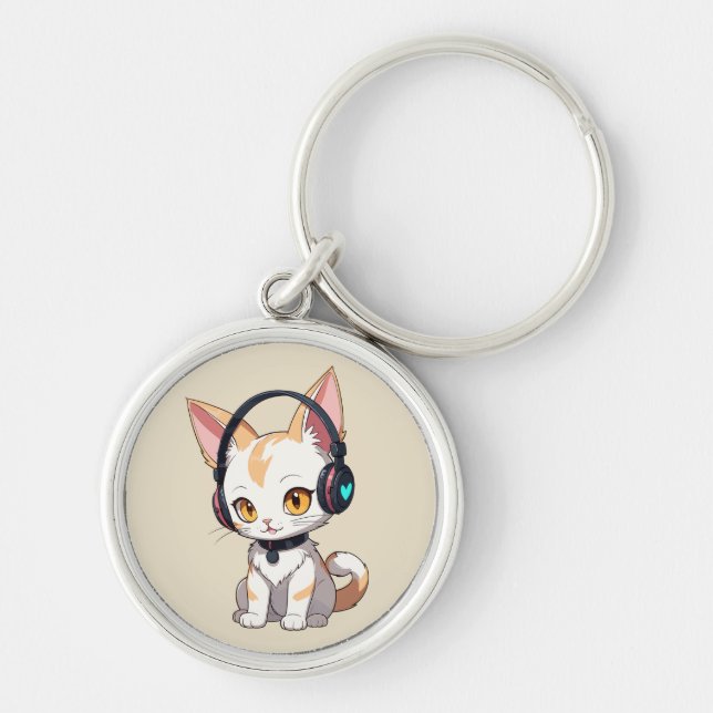 Kawaii Kitty in Rocking Headphones Key Ring (Front)