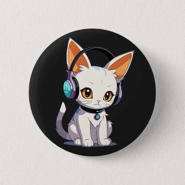 Kawaii Kitty in Stylish Headphones 6 Cm Round Badge (Front)