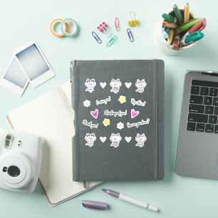 Kawaii kitty, pink hearts, flowers sticker set
