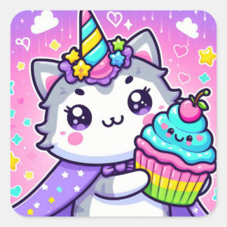 Kawaii Kitty With cupcake Birthday  Square Sticker