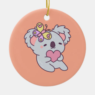 Kawaii Koala with Heart and Butterfly Ceramic Tree Decoration