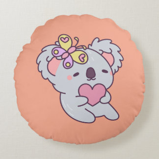 Kawaii Koala with Heart and Butterfly Round Cushion