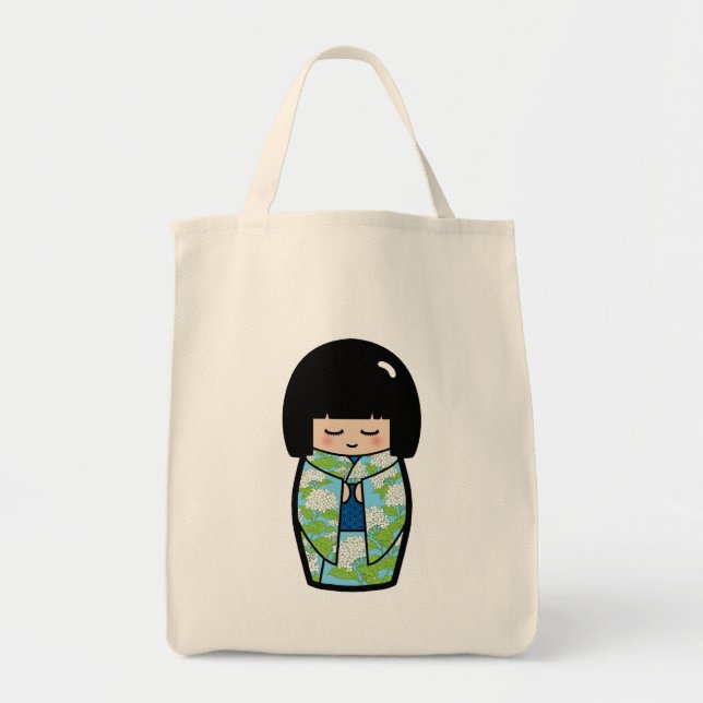Kawaii Kokeshi (Blue) Japanese Doll Tote Bag (Front)