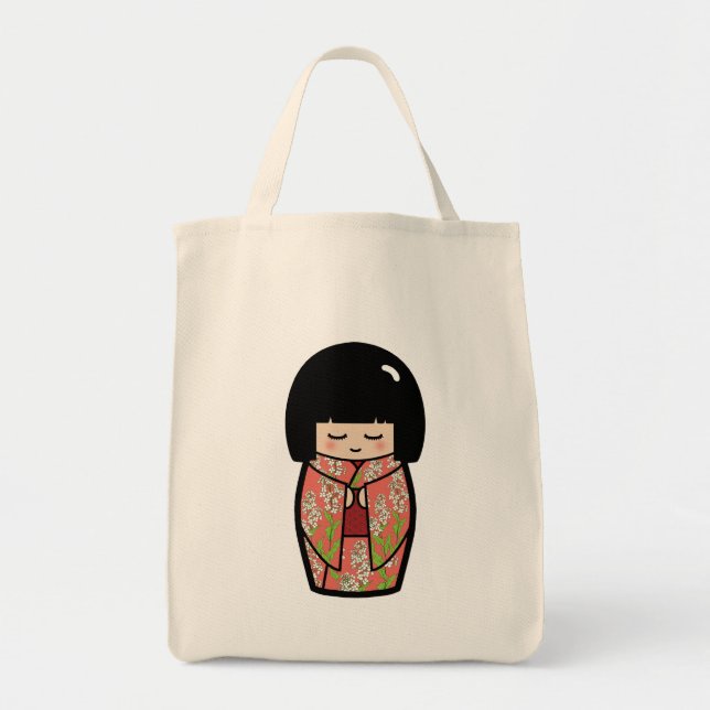 Kawaii Kokeshi (Pink) Japanese Doll Tote Bag (Front)