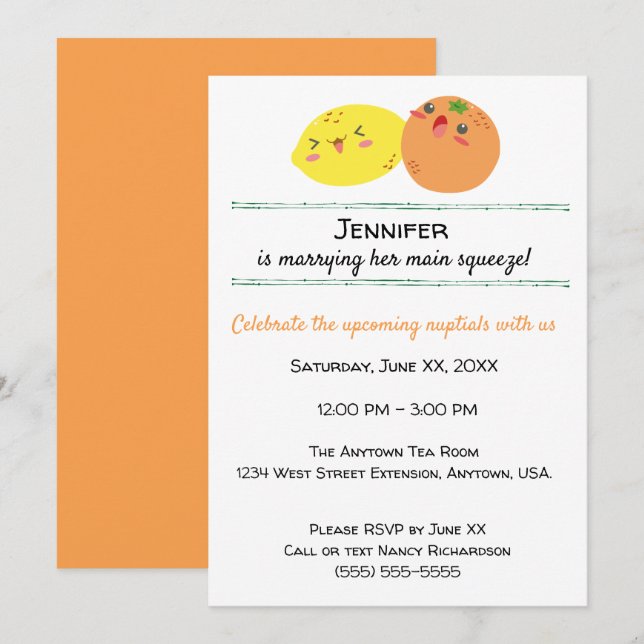 Kawaii Lemon and Orange Fruit Bridal Shower Invitation (Front/Back)