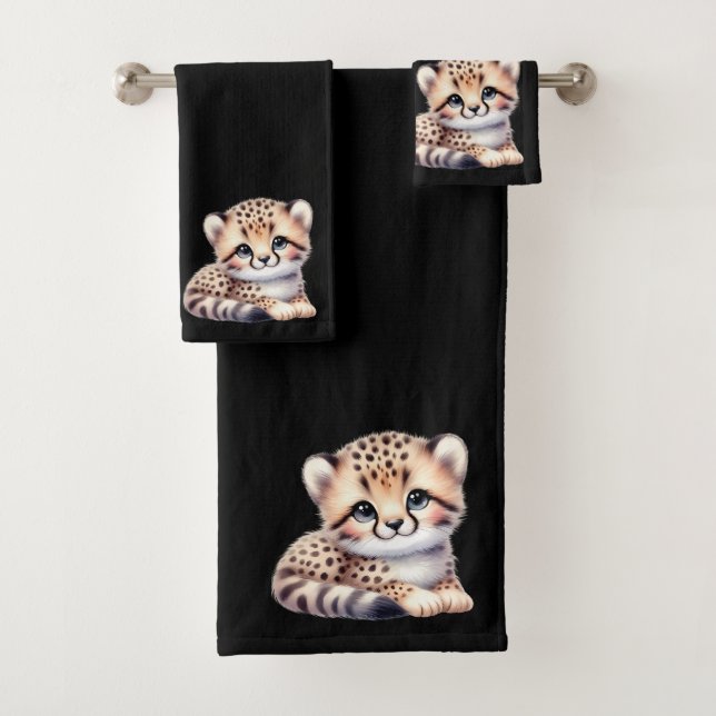 Kawaii Leopard Cute Animal Black Bath Towel Set (Insitu)