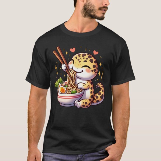 Kawaii Leopard Gecko Eating Ramen Noodle Anime T-Shirt (Front)