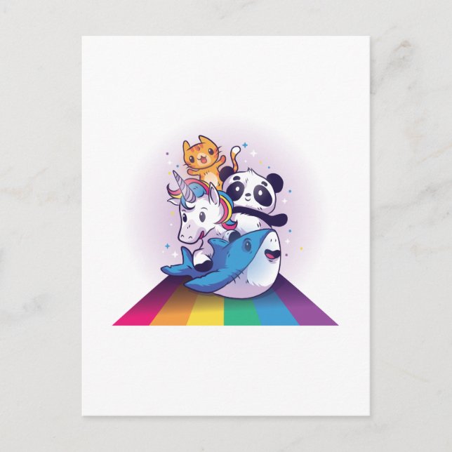 Kawaii LGBT Animal Unicorn Panda Cat Shark Rainbow Postcard (Front)
