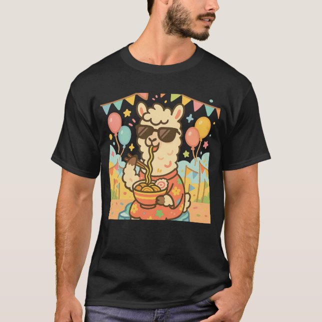 Kawaii Llama Eating Ramen – Cute Festival Food  T-Shirt (Front)