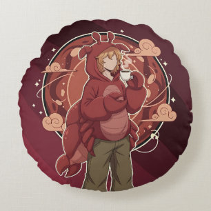 Kawaii Lobster Barista: Seafront Coffee Art Round Cushion