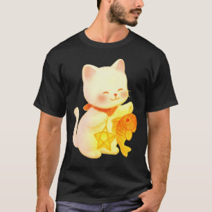 Kawaii Maneki Neko Cat with Fish and Star Decorati T-Shirt