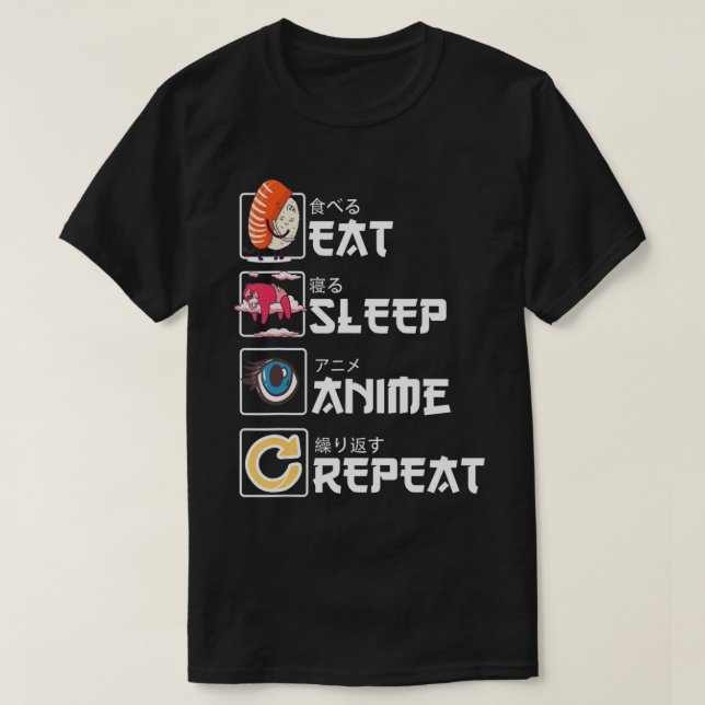 Kawaii Manga Sushi Eat Sleep Anime Repeat Cute Ani T-Shirt (Design Front)
