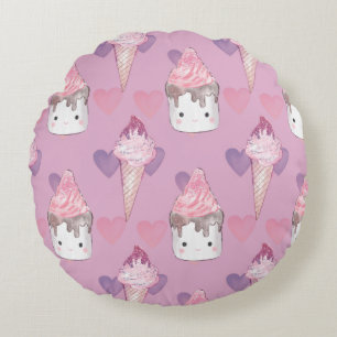 Kawaii Marshmallow & Ice Cream Pattern Round Cushion
