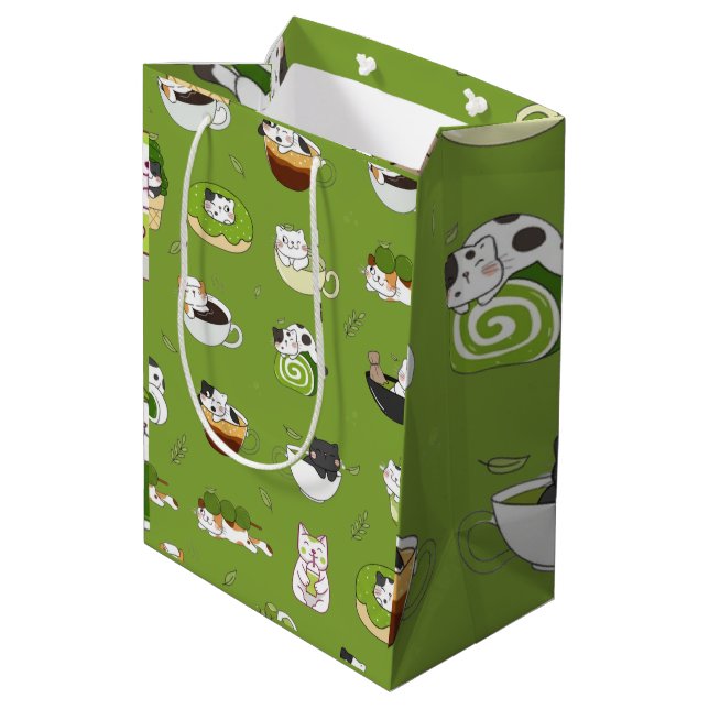 Kawaii Matcha Cat Seamless Pattern Medium Gift Bag (Back Angled)