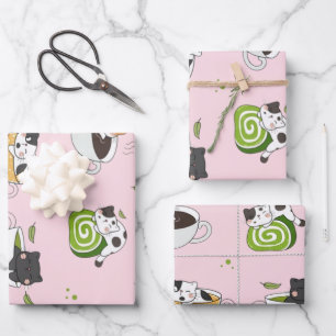 Kawaii Matcha Cat Seamless Pattern Wrapping Paper Sheet
