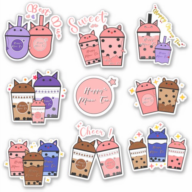 Kawaii Meow Tea Cup Vinyl Sticker (Front)
