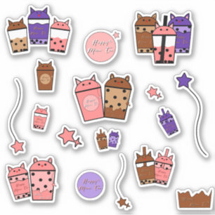 Kawaii Meow Tea Vinyl Sticker   Set of 17 Stickers