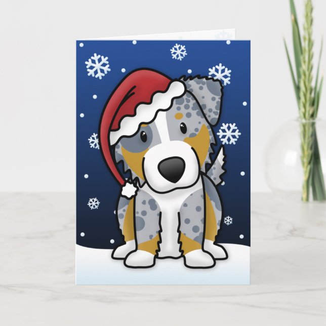 Kawaii Merle Australian Shepherd Christmas Card (Front)