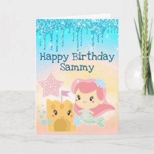 Kawaii Mermaid and Sandcastle Gradient Birthday Card