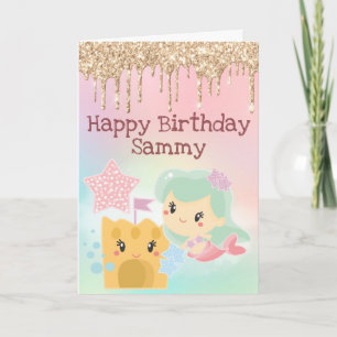 Kawaii Mermaid and Sandcastle Gradient Birthday Card