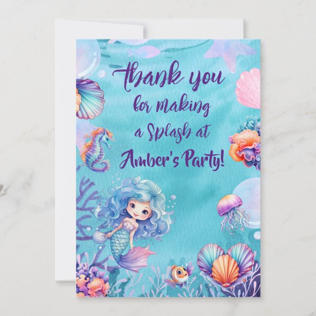 Kawaii Mermaid Party Thank You Card  (Front)