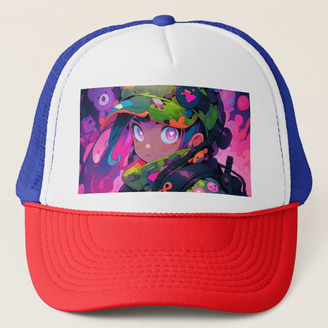Kawaii Military Hunter Camouflage Heart Eyes Anime Trucker Hat (Front)