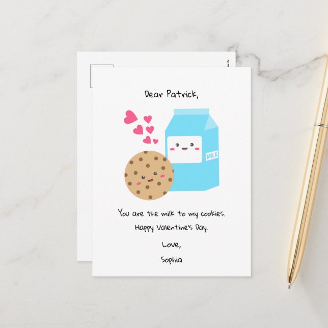 Kawaii Milk Cookies Valentine's Day Cute Sweet  Holiday Postcard (Front/Back In Situ)