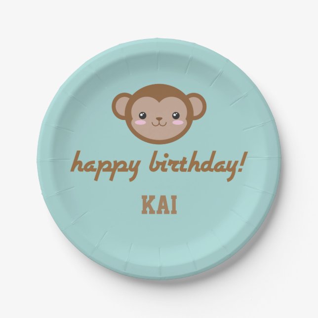 Kawaii Monkey Birthday Party Blue Green Paper Plate (Front)