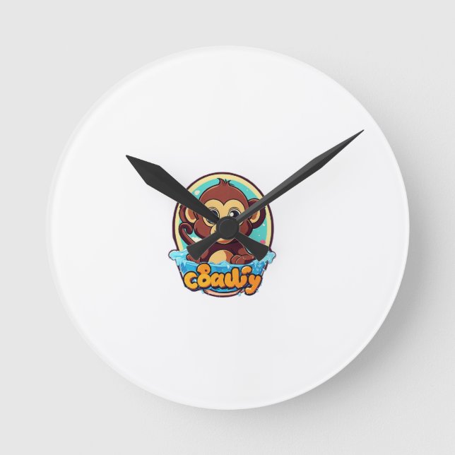 Kawaii Monkey Splash Retro Logo Round Clock (Front)