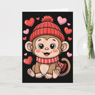 Kawaii Monkey Valentines Day Hearts Scarf Beanie Card