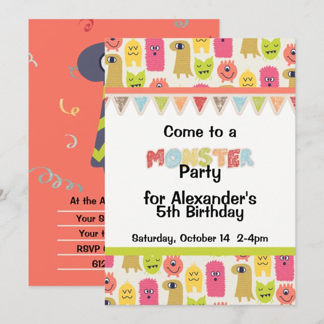 Kawaii Monster Birthday Party Invitation (Front/Back)