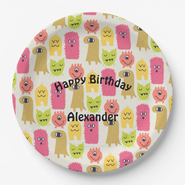 Kawaii Monster Birthday Party Plate (Front)