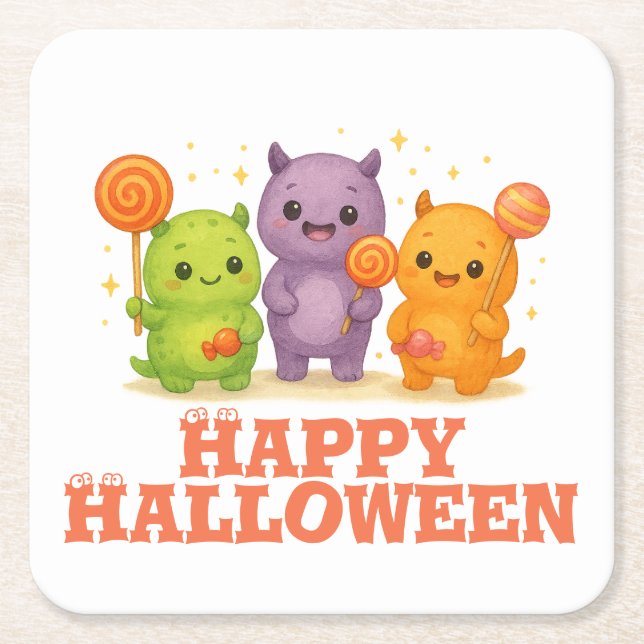 Kawaii Monsters & Lollipops Halloween  Square Paper Coaster (Front)