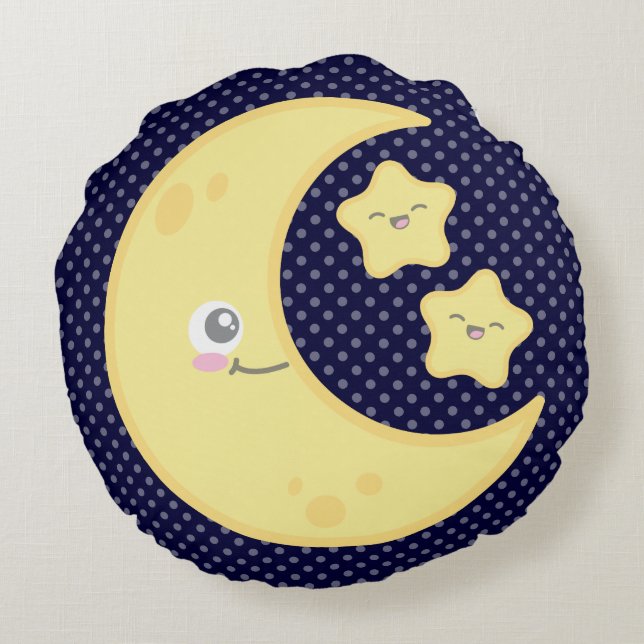 Kawaii Moon and Stars Round Pillow (Back)