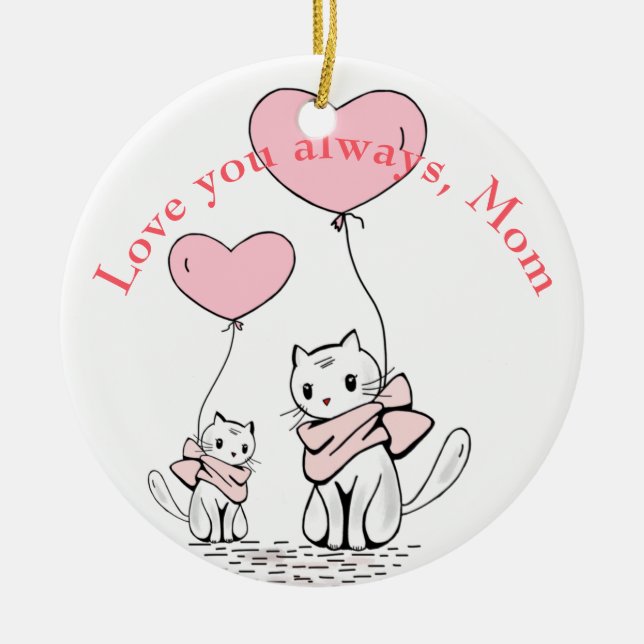 Kawaii Mum Cat & Kitten Custom Ceramic Tree Decoration (Front)